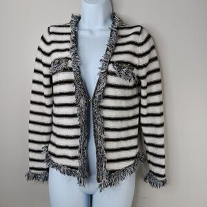 Cache Cardigan Sweater Women’s Small White Striped Knit Fringe Metallic Elegent